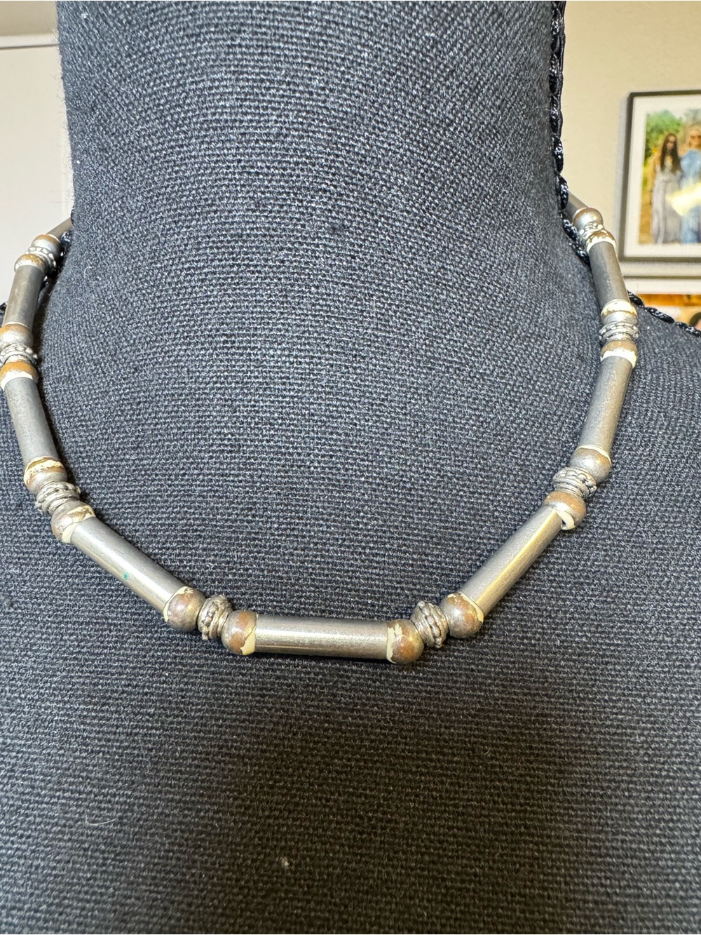 Vintage Unisex Pewter Tone Trival Bar & Marbled Bead Choker Neclace- 15 inches